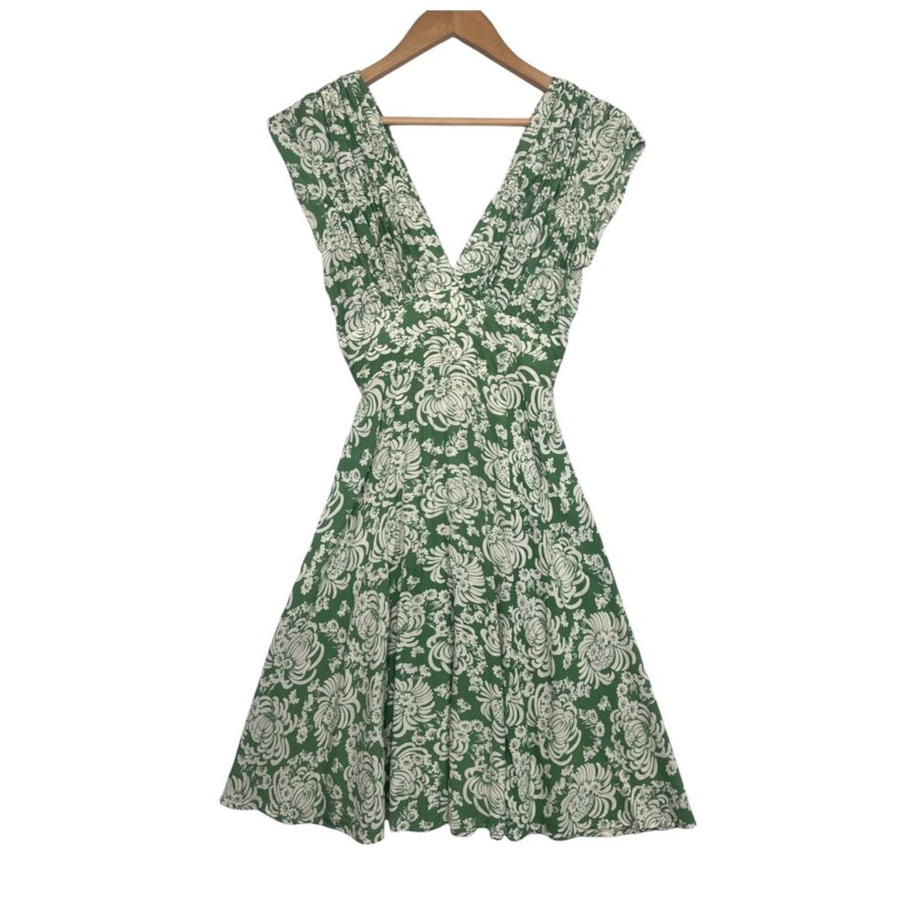Trashy Diva Dress Womens 2 Green Floral V Neck Fit Flare Retro Pinup Rockabilly